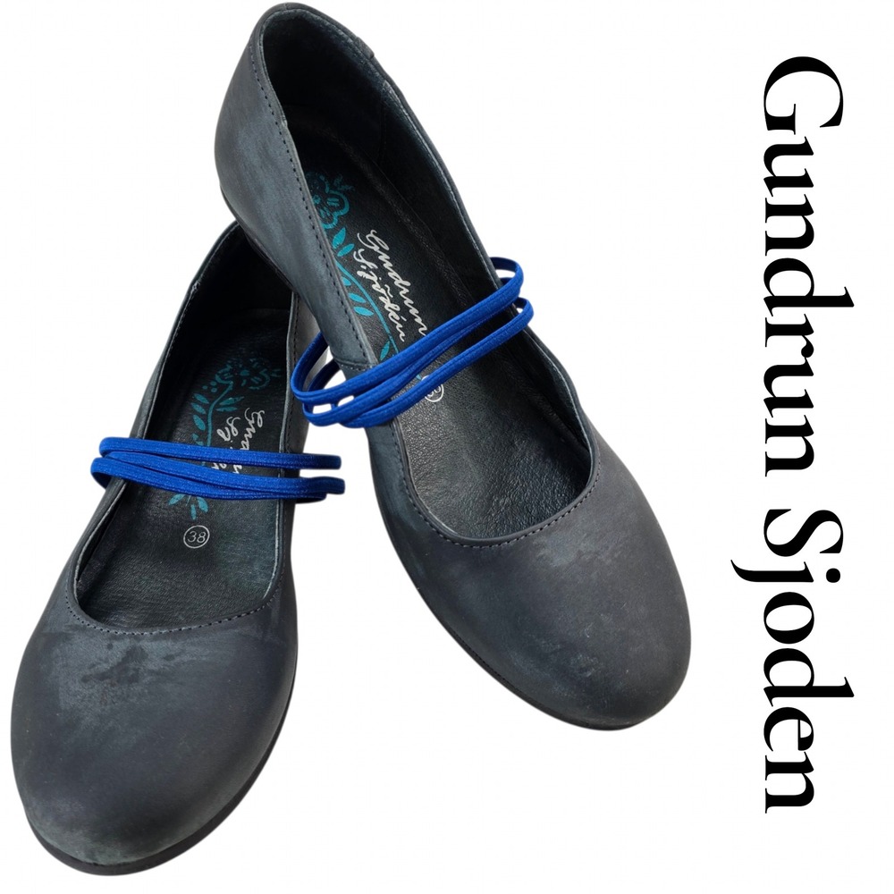 Gundrun Sjoden Womens 38 Grey Leather Blue Strap Mary Jane Boho Shoes
